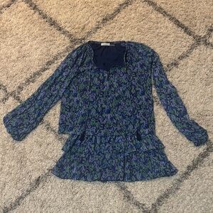 Ramy Brook Matching Blue and Green Ruffled Relaxed Blouse and Skirt